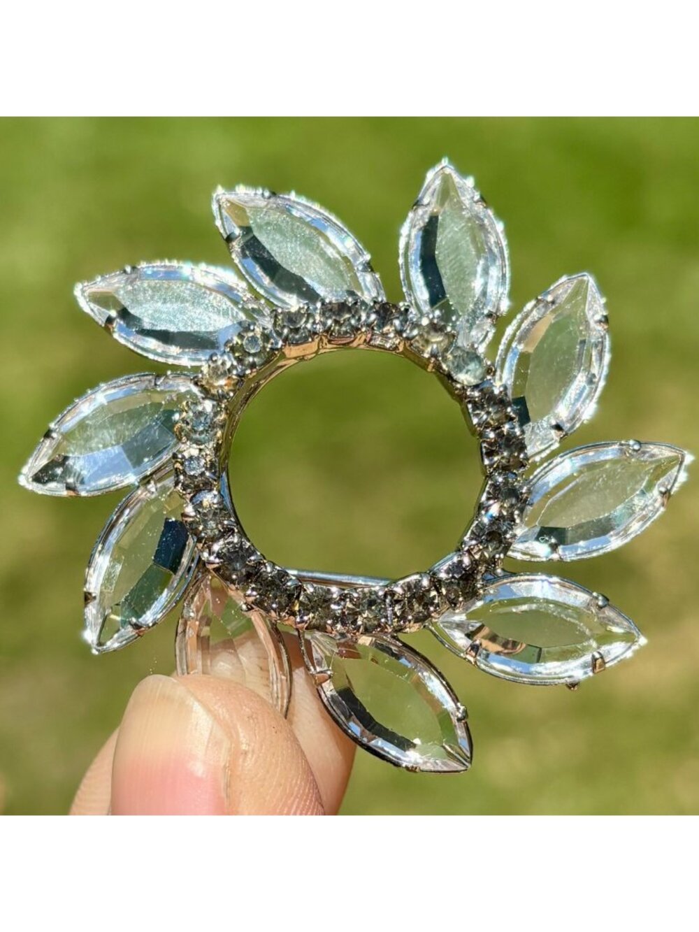 Vintage Two Tone Wreath Brooch Unfoiled Open Back Marquise Crystal Smoky Pin 2"